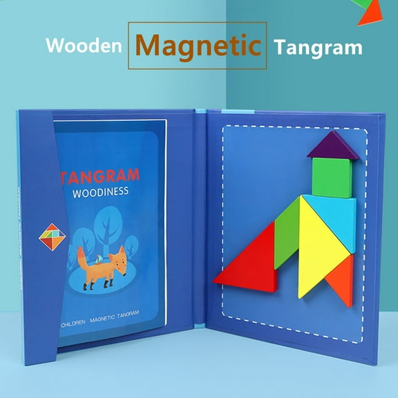 Wooden Magnetic Tangram Puzzle Book  Portable Travel Game for Spatial Reasoning, Geometry Learning, and Brain Teasing, Puzzle for On-the-Go Fun