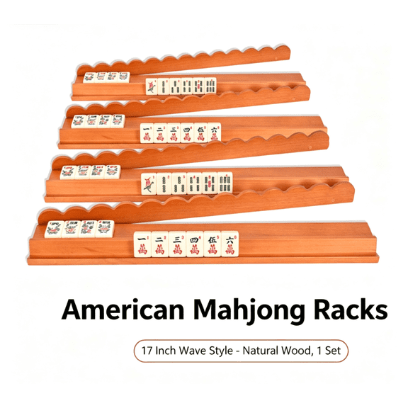 Wooden Mahjong Racks with Pushers 4-Pack, 17 Inch Scalloped Wood Tile Racks with Magnetic Pushers for American Mah Jongg, Solid Wood Organizer for Game Night (Natural Wood Color)