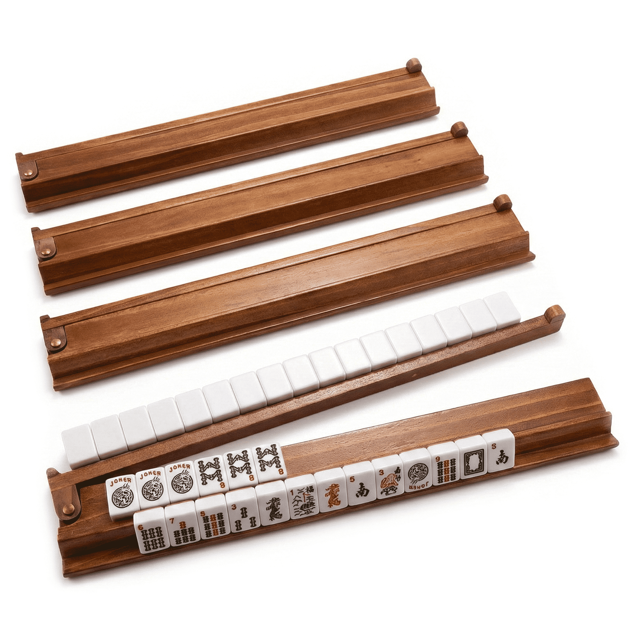 Grhonior Wooden Burnt Color Mahjong Racks with Pushers, Set of 4 (17.5 Inches) - Premium Durable for American Mah Jongg & Dominoes