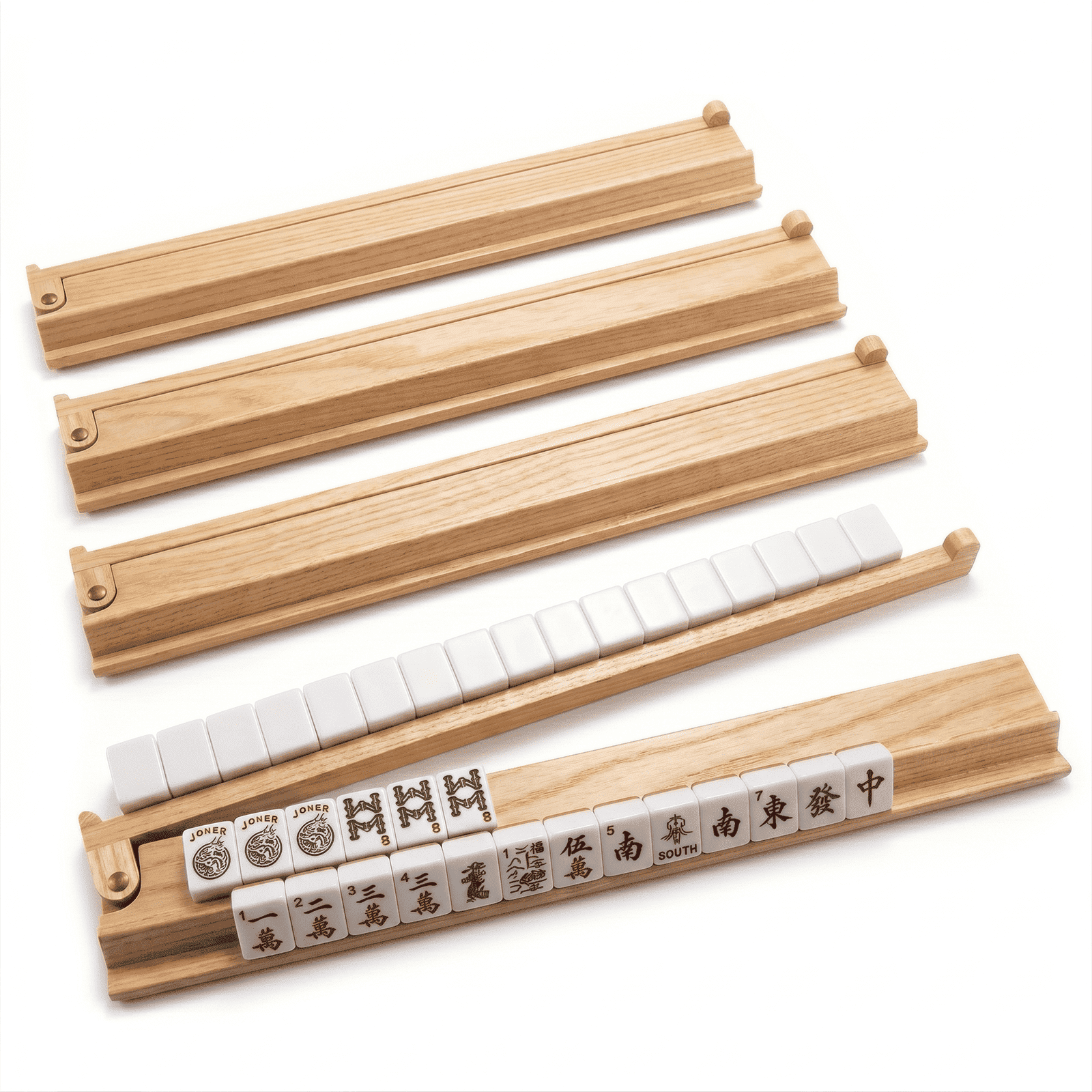 Grhonior Wooden Mahjong Racks with Pushers, Premium for American Mah Jongg/Dominoes, Set of 4, 17.5 Inches