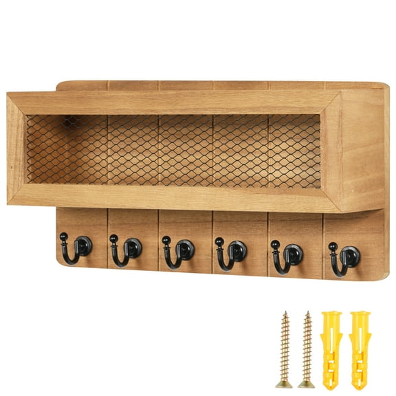 Wooden Mail Key Holder for Entryway Hallway Decorative Wall Mount Mail Holder Organizer Vintage Mutifunctional Key Rack Shelf With 6 Key Hooks for Kitchen Office