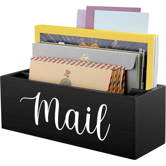 Wooden Mail Organizer Countertop 2 Slots Desktop Mail Sorter, Black Mail Holder with Removable Dividers for Home Office Accessories