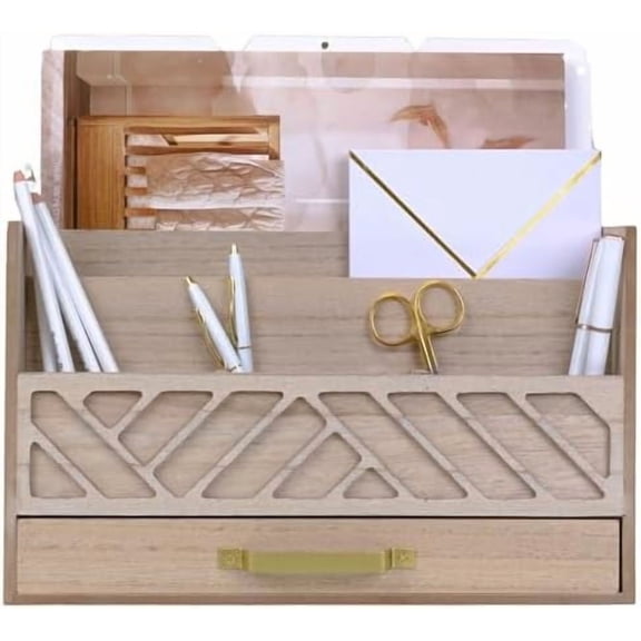 | Wooden Mail Organizer with Drawer and Gold Handle | Outgoing Mail Holder and Letter Sorter for Desk | Natural Wood Desktop Paper Organizer