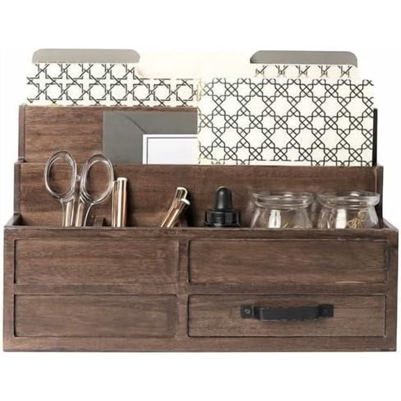 | Wooden Mail Organizer with Drawer and Pen Holder | Mail Sorter Organizer Countertop for Desk or Kitchen | Outgoing Mail Holder Wood Desktop Storage