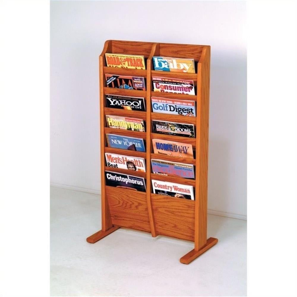 Medium Oak 14-Pocket Solid Oak Freestanding Magazine Rack