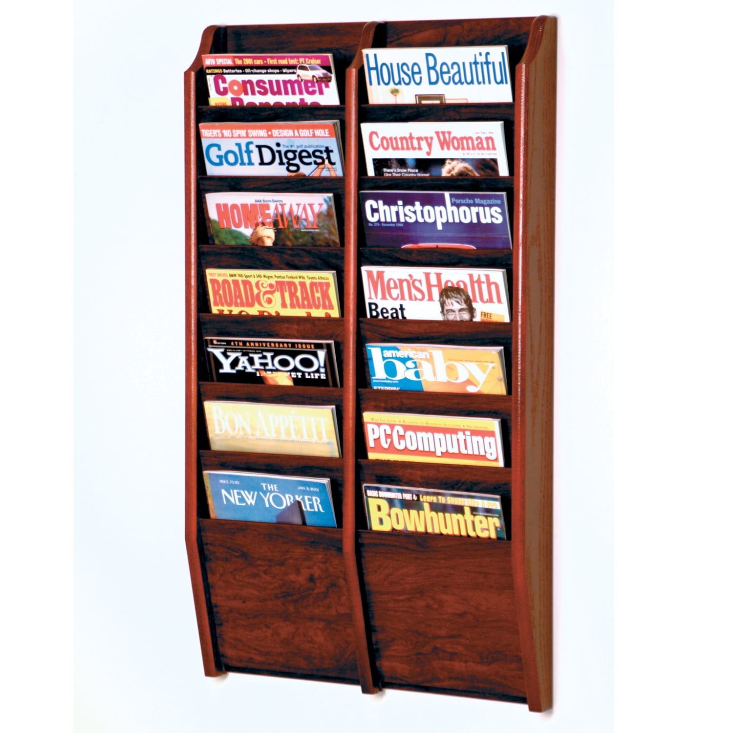 Mahogany Wall Mounted 14-Pocket Magazine Rack