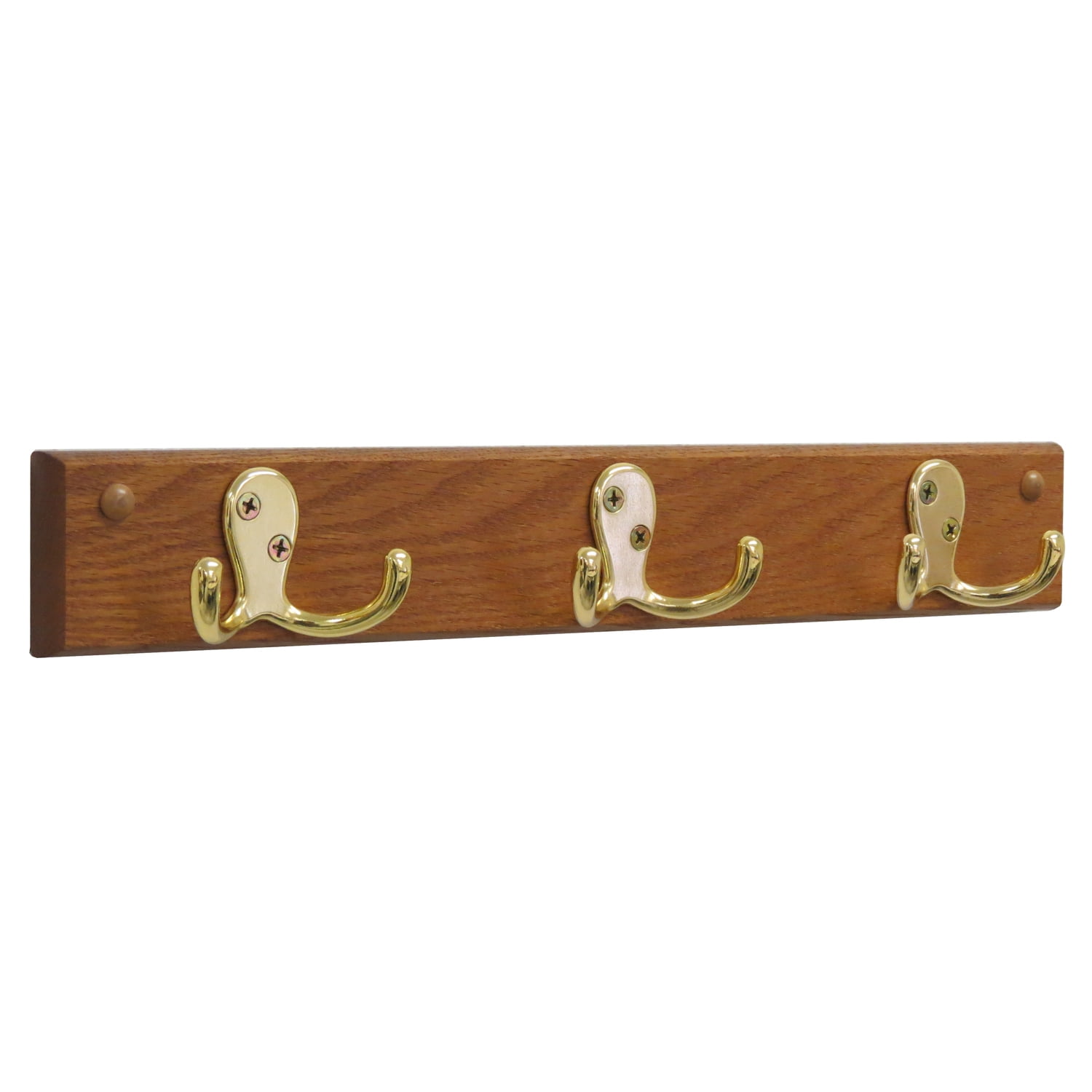 Wooden Mallet 3 Hook Wall Coat Rack Rail in Medium Oak and Brass