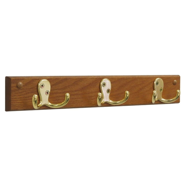 Wooden Mallet 3 Hook Wall Coat Rack Rail in Medium Oak and Brass