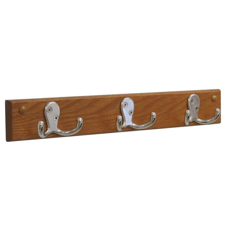 Wooden Mallet 3 Double Prong Nickel Hook Rail & Coat Rack - Medium Oak