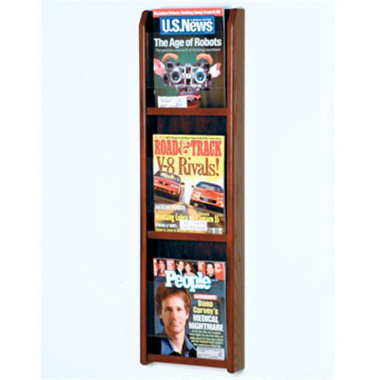 Mahogany Oak Wall Mounted Magazine Rack with Acrylic Panels