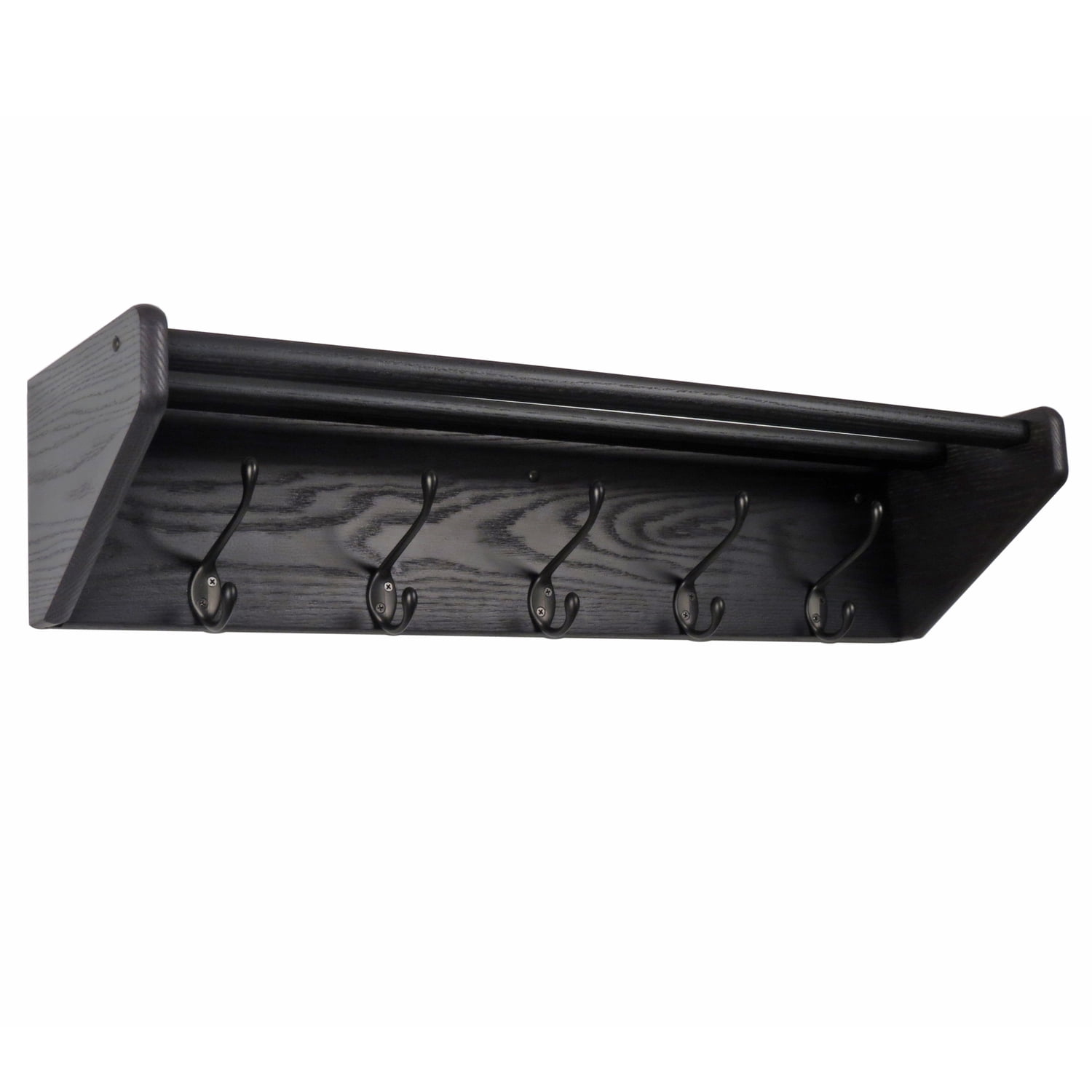 Black Solid Oak Wall Shelf with 5 Hooks