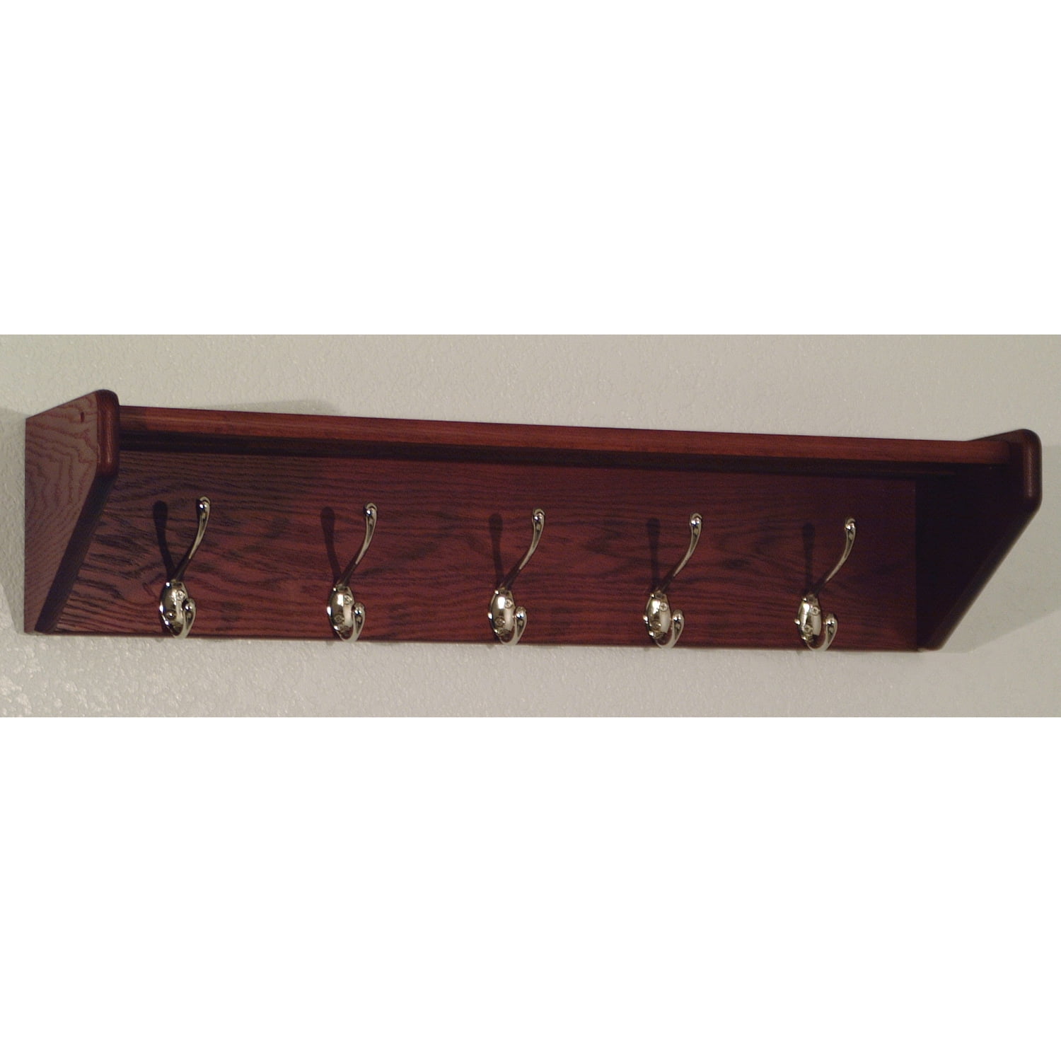 Mahogany Solid Oak Wall Mounted Coat Rack with Nickel Hooks