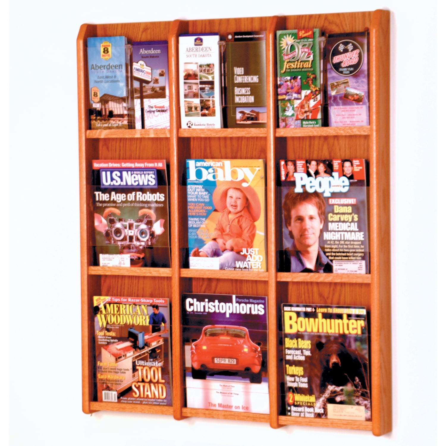 Wooden Mallet 9 Magazine & 18 Brochure Oak and Acrylic wall Display - Medium Oak