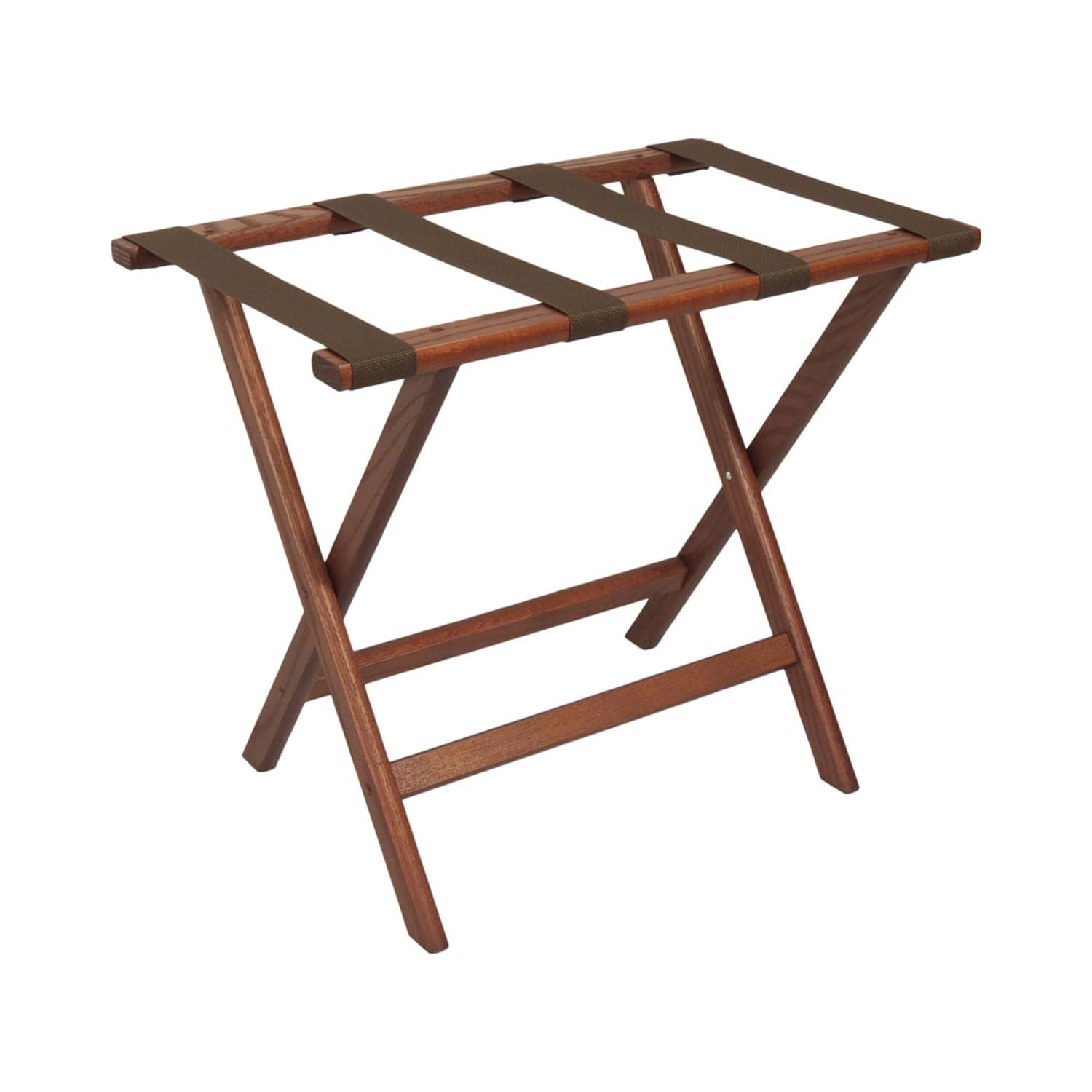 Mahogany Folding Solid Wood Luggage Rack with Brown Polyester Straps