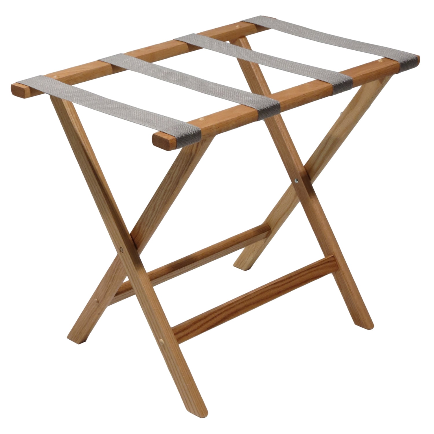 Light Oak Folding Luggage Rack with Gray Straps