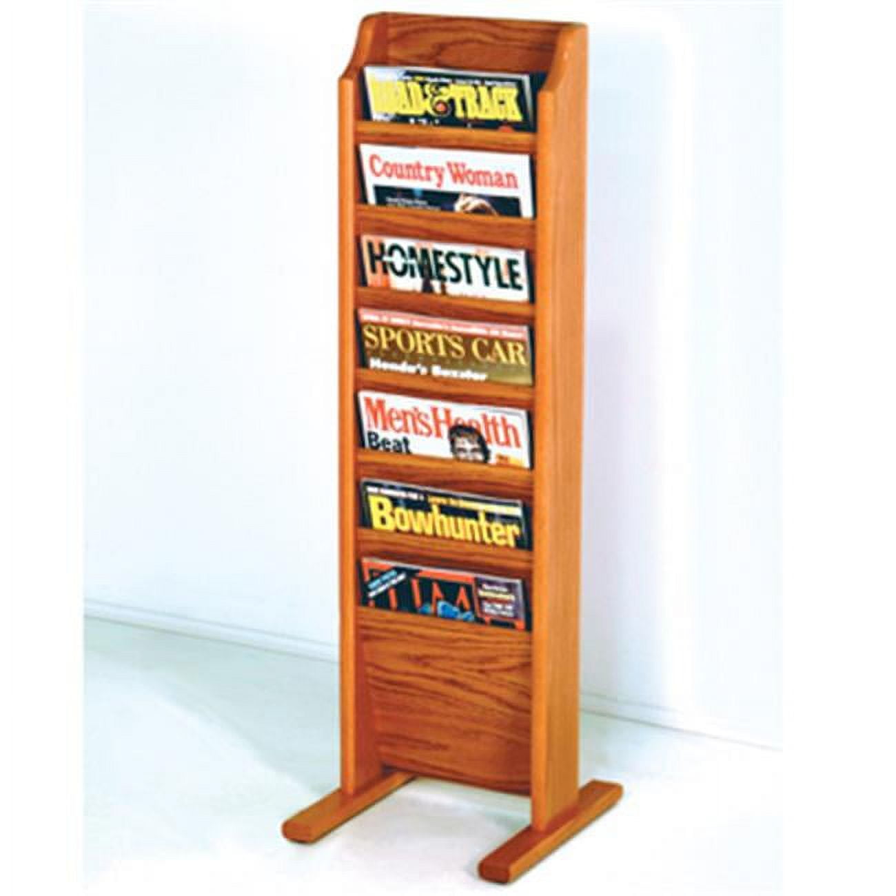 Medium Oak Solid Wood Freestanding Magazine Rack with 7 Pockets