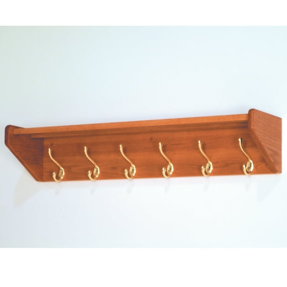 Wooden Mallet Hat and Coat Rack with 6 Brass Hooks in Medium Oak
