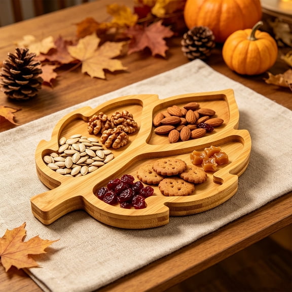 Wooden Maple Leaf Serving Tray, Fall Themed Decorative Platter for Thanksgiving Snacks Fruit Desserts Appetizers, Tabletop Kitchen Dining and Home Holiday Decor, Khaki