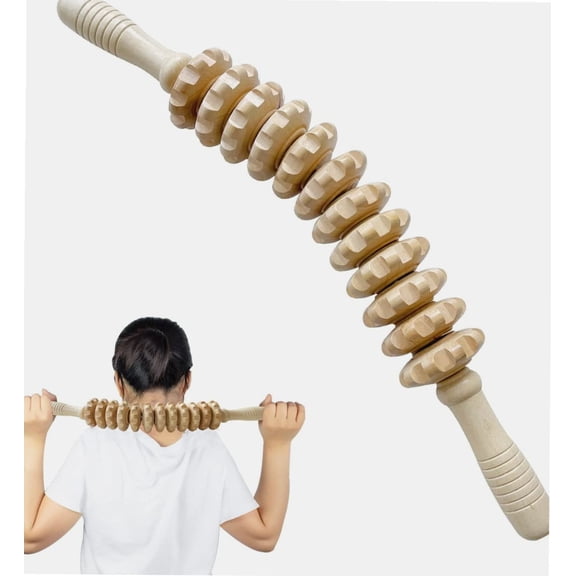 Wooden Massager Handheld Roller,17.3 Inch Trigger Point Massager Stick for Fascia,Cellulite,Muscle Abdomen,Leg Back Stomach Waist Body Therapy Massager,Muscle Belly Relief Tool(12 Rotatable Rollers)