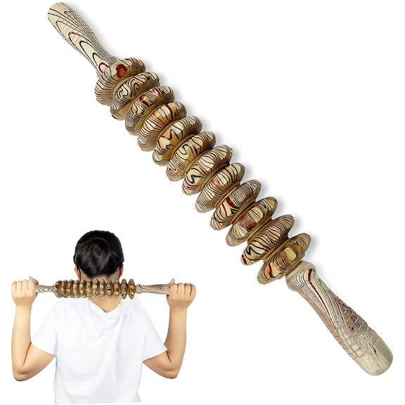 Wooden Massager Handheld Roller,Trigger Point Massager Stick for Fascia,Cellulite,Muscle Abdomen,Leg Back Stomach Waist Body Therapy Massager,Muscle Belly Relief Tool(12 Rotatable Rollers)