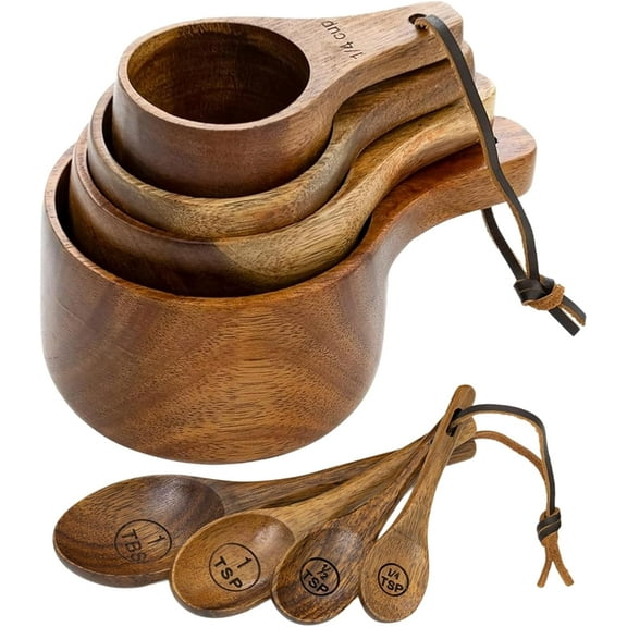 Wooden Measuring Cups and Spoons Set - Eco-Friendly Solid Acacia Wood, Laser Engraved Measurements, Perfect for Baking & Cooking - Ideal for Bakers, Chefs & Home Cooksbrown