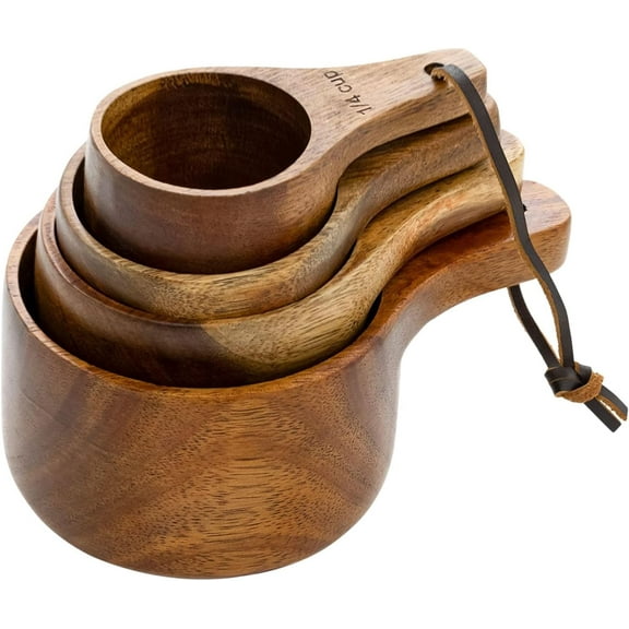 Wooden Measuring Cups and Spoons Set – Solid Acacia Wood, Laser Engraved, Nesting Design, Kitchen Accessories for Dry Ingredients, Baking and Cooking