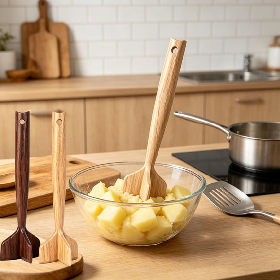 Wooden Meat Chopper Potato Masher Multi Functional Ground Beef Smasher Non Stick Kitchen Tool Breaking Mashing Mixing Cooking Utensil Rustic Decor