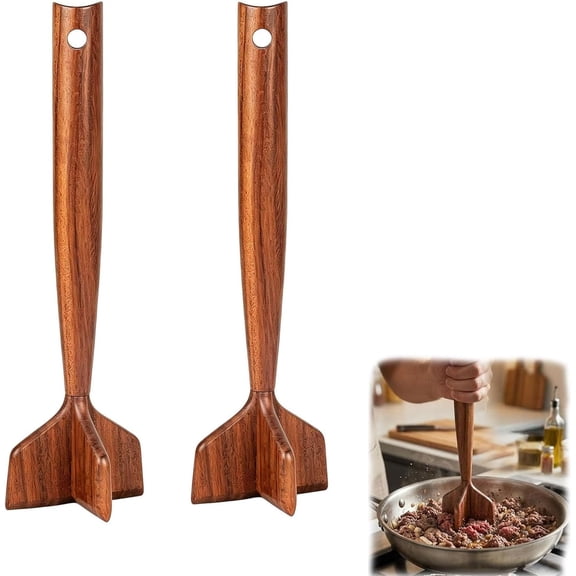 Wooden Meat Masher Chopper Ground, Ground Meat Chopper, for Nonstick Cookware, Kitchen Tool for Beef, Turkey, Sausage (2 Pcs)