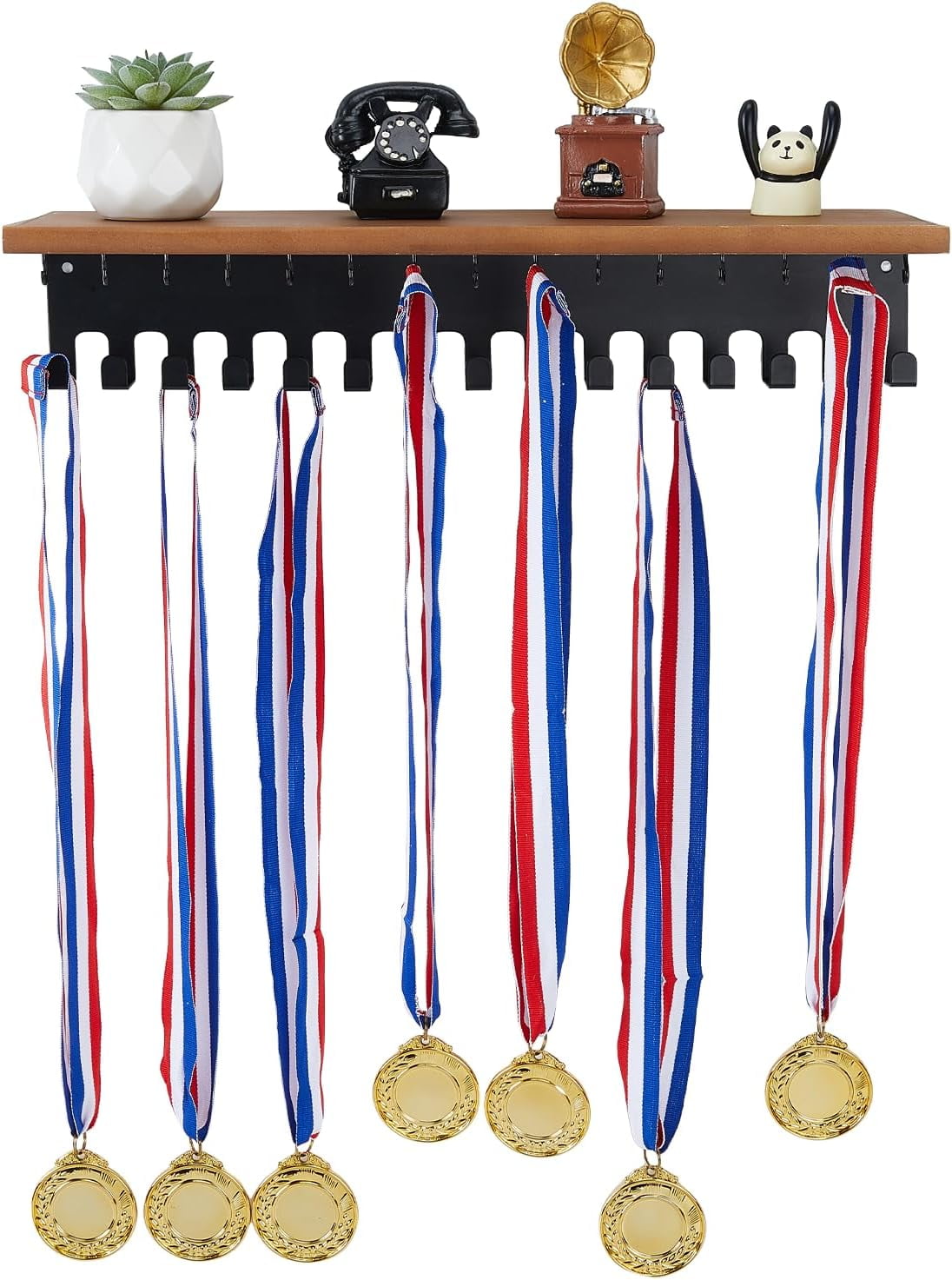 Wooden Medal Hanger Display and Trophy Shelf with 30 Hooks Board ...
