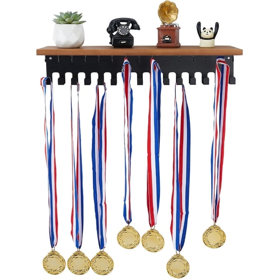 Wooden Medal Hanger Display and Trophy Shelf with 30 Hooks Board Display Trophy Shelf Medal Hooks Wood Wall Mount Race Medal Holder Ribbon Display Rack for Athletes Gymnastics Soccer Running Black