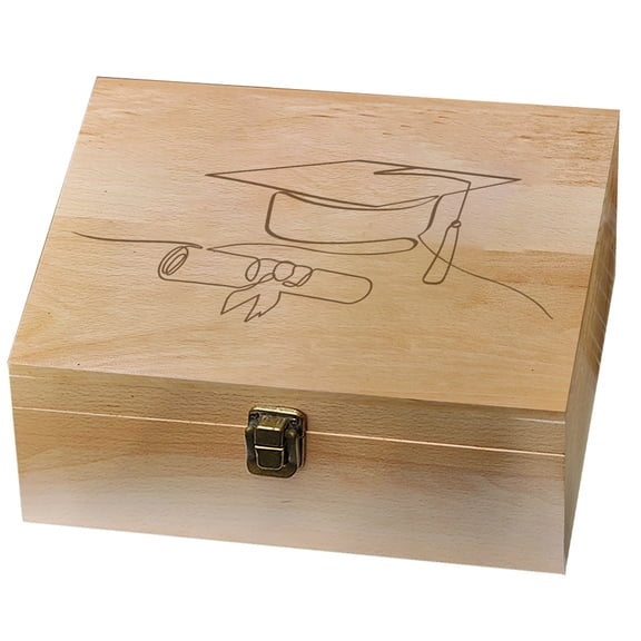 Wooden Memorial Box with Lid Graduation Caps Diploma Line Pattern Rectangular Memory Box for Anniversary Wedding Birthday Decoration