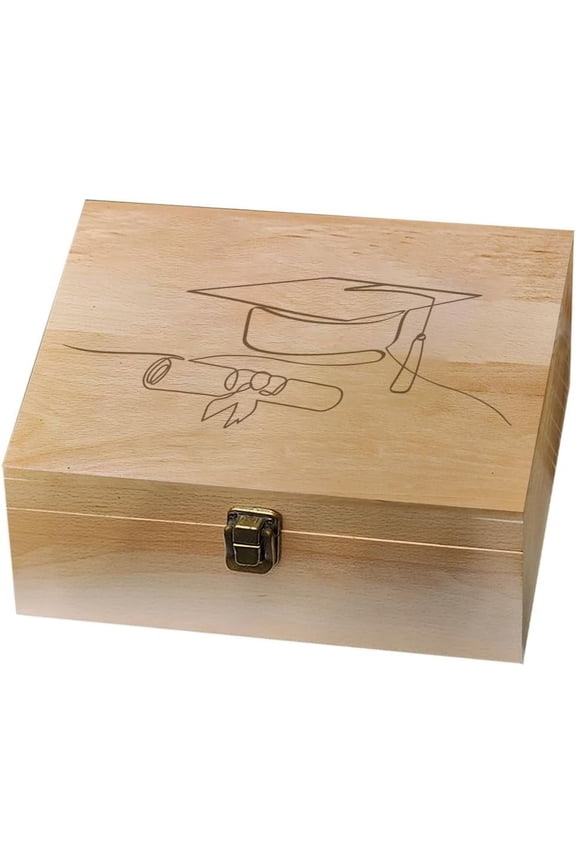 Wooden Memorial Box with Lid Graduation Caps Diploma Line Pattern Rectangular Memory Box