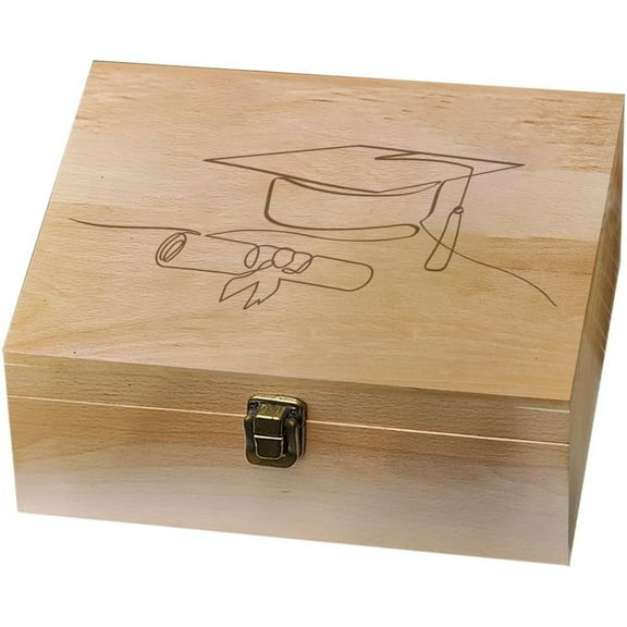 Wooden Memorial Box with Lid Graduation Caps Diploma Line Pattern Rectangular Memory Box