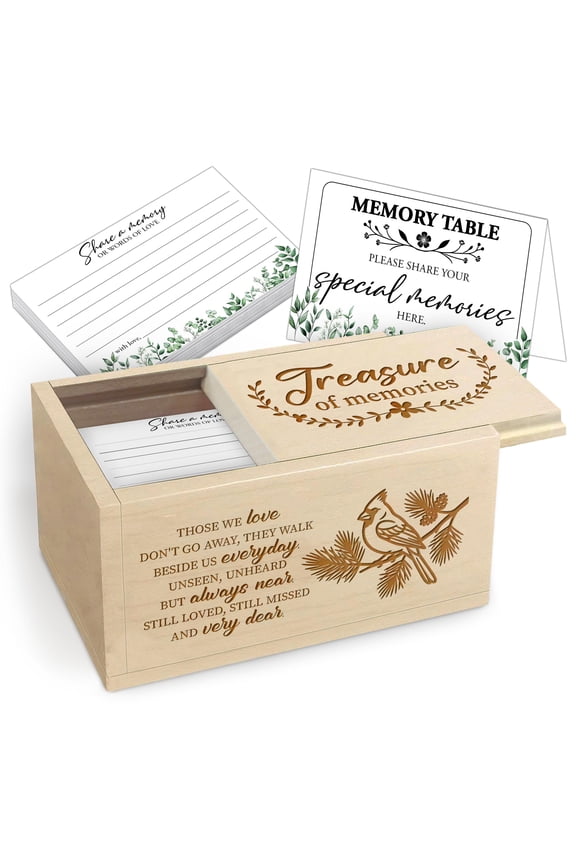Wooden Memorial Memory Box with Cardinal Remembrance Quote  Keepsake Box with 120 Cards and Table Sign for Funeral Service