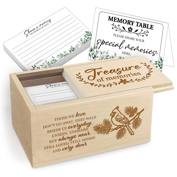 Wooden Memorial Memory Box with Cardinal Remembrance Quote – Keepsake Box with 120 Cards and Table Sign for Funeral Service