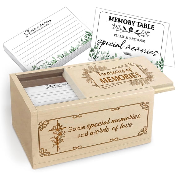 Wooden Memorial Memory Box with Engraved Message – Keepsake Box with 120 Cards and Table Sign for Funeral Service or Celebration of Life