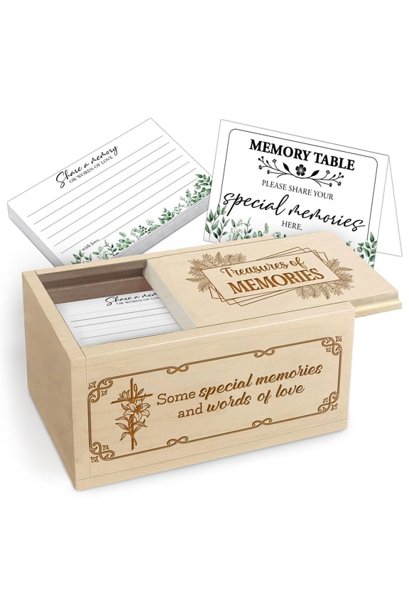 Wooden Memorial Memory Box with Engraved Message – Keepsake Box with 120 Cards and Table Sign for Funeral Service or Celebration of Life