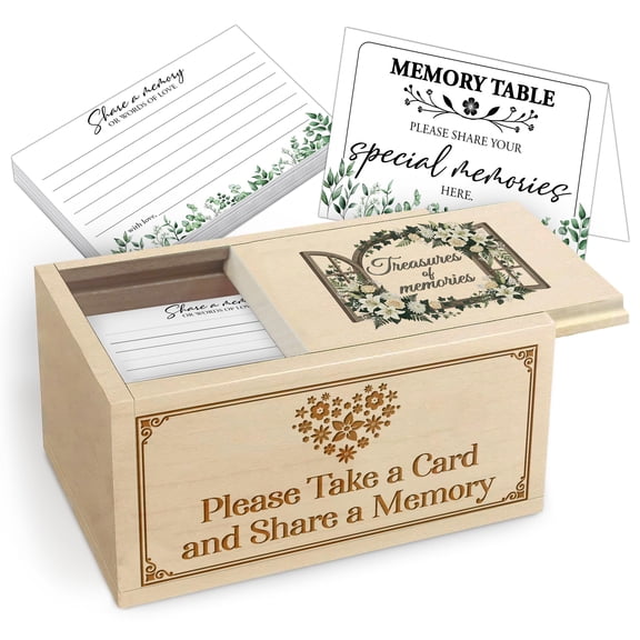 Wooden Memory Box with Guest Message Invitation – Memorial Keepsake Box with 120 Cards and Sign for Celebration of Life or Funeral