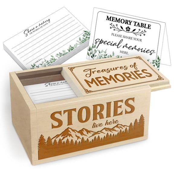 Wooden Memory Box with Mountain Landscape Design – Memorial Keepsake Box with 120 Cards and Table Sign for Celebration of Life or Funeral Service