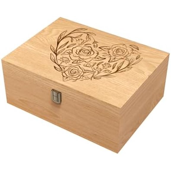 Wooden Memory Keepsake Box, Floral Heart Engraved Keepsake Boxes with Lock, Art Box for Anniversary, Wedding, Memory, Birthday, Valentines Day for Keepsakes, Wood Box for Office or Home