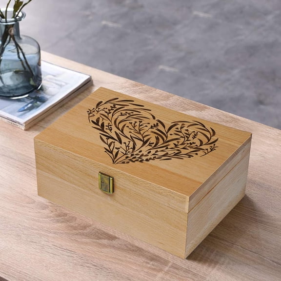Wooden Memory Keepsake Box, Floral Heart Engraved with Lid for Anniversary, Wedding, Birthday, Valentines Day, Office or Home