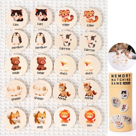 Wooden Memory Matching Tile Game for Toddlers Age 3+, Montessori Educational Flash Cards, Animal Dinosaur Number Traffic Theme Cognition Toy, Portable Christmas Stocking Stuffer Gift for Boys Girls