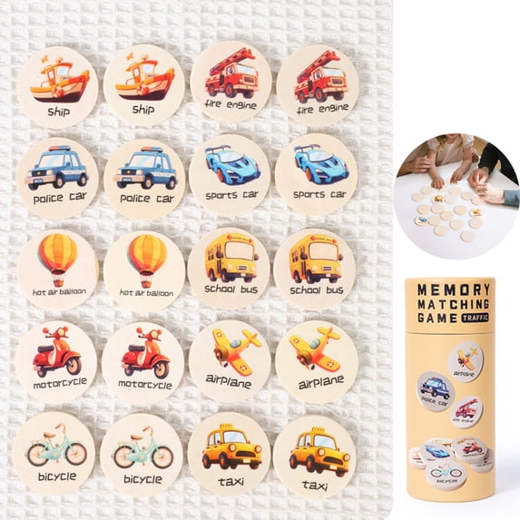 Wooden Memory Matching Tile Game for Toddlers Age 3+, Montessori Educational Flash Cards, Animal Dinosaur Number Traffic Theme Cognition Toy, Portable Christmas Stocking Stuffer Gift for Boys Girls