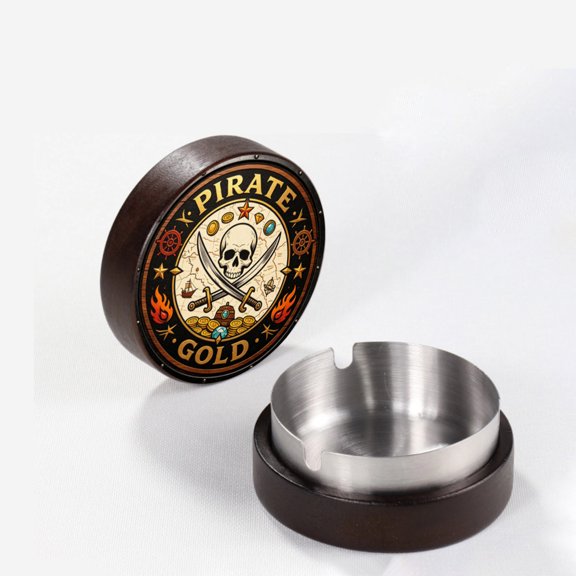 Wooden Metal Ashtray with Lid, Vintage Western Skull & Snake & Pirate Multi Pattern Round Ash Tray, Portable Smokeless Ashtray for Home Office Bar Decor, One Size
