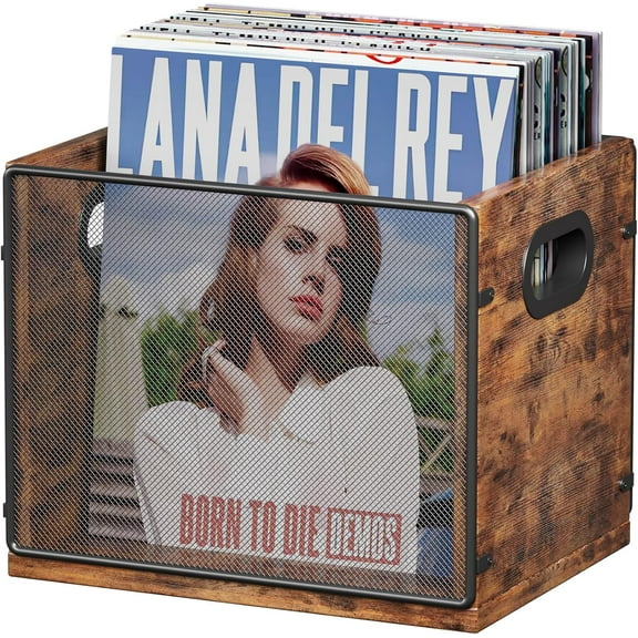 Wooden & Metal Record Crate - Vinyl Album Holder & Organizer, Holds Up to 60 Records