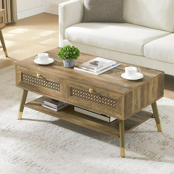 Wooden Mid Century Modern Coffee Table, Retangle Coffee Table with Two Drawers for Living Room, Rustic Oak