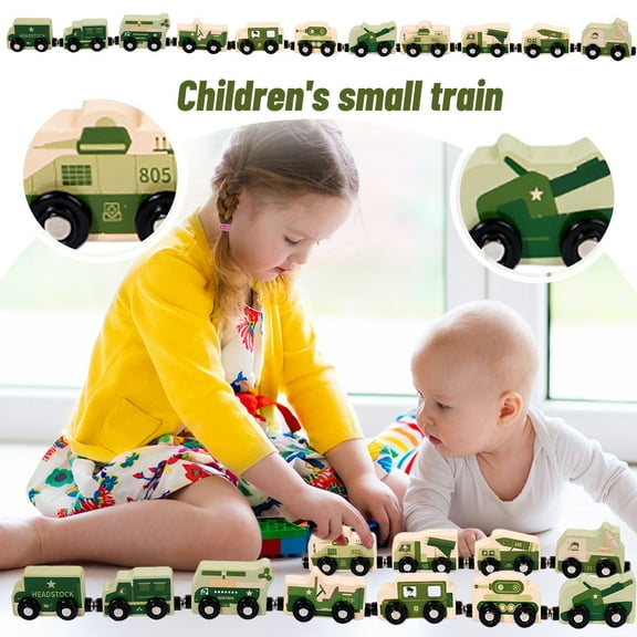 Wooden Military Vehicle Train Set for Kids, 12-Piece Army Car Collection Compatible with Major Railway Systems