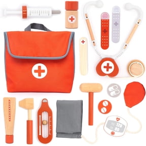 Wooden Mini Doctor Kit for Kids 14 pcs Medical Playset for Toddlers with Stethoscope, Syringe, Doctor Bag, Blood Pressure Cuff & More Pretend Play Set for Boys and Girls Ages 3 4 5 6