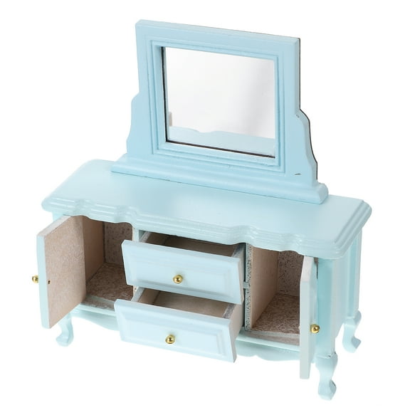 1:12 Miniature Dollhouse Dressing Table with Mirror, Birch Wood Furniture for Dollhouse Bedroom, Elegant Princess Style Mini Table