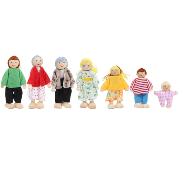 Wooden Miniature Family Doll Figures 7 Pieces Set - Pine Wood Pretend Play People Toy for Kids Dollhouse Accessory (7.87 x 4.33 x 1.18 inches / 20.0 x 11.0 x 3.0 cm)